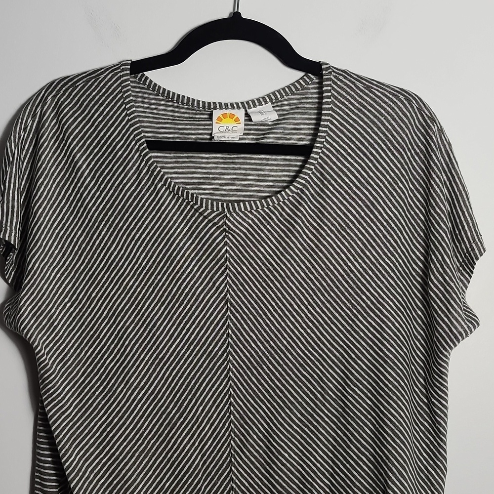 C & C CALIFORNIA Striped Gray and White 100% Linen Top Size Large - Picture 6 of 13